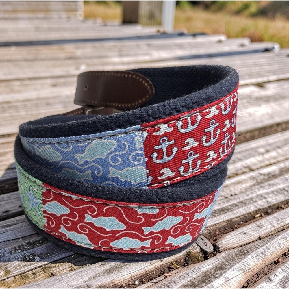 Vineyard Vines Whale Belt Canvas Leather Fish Starfish Anchor Preppy Sz 32 Lk Nw